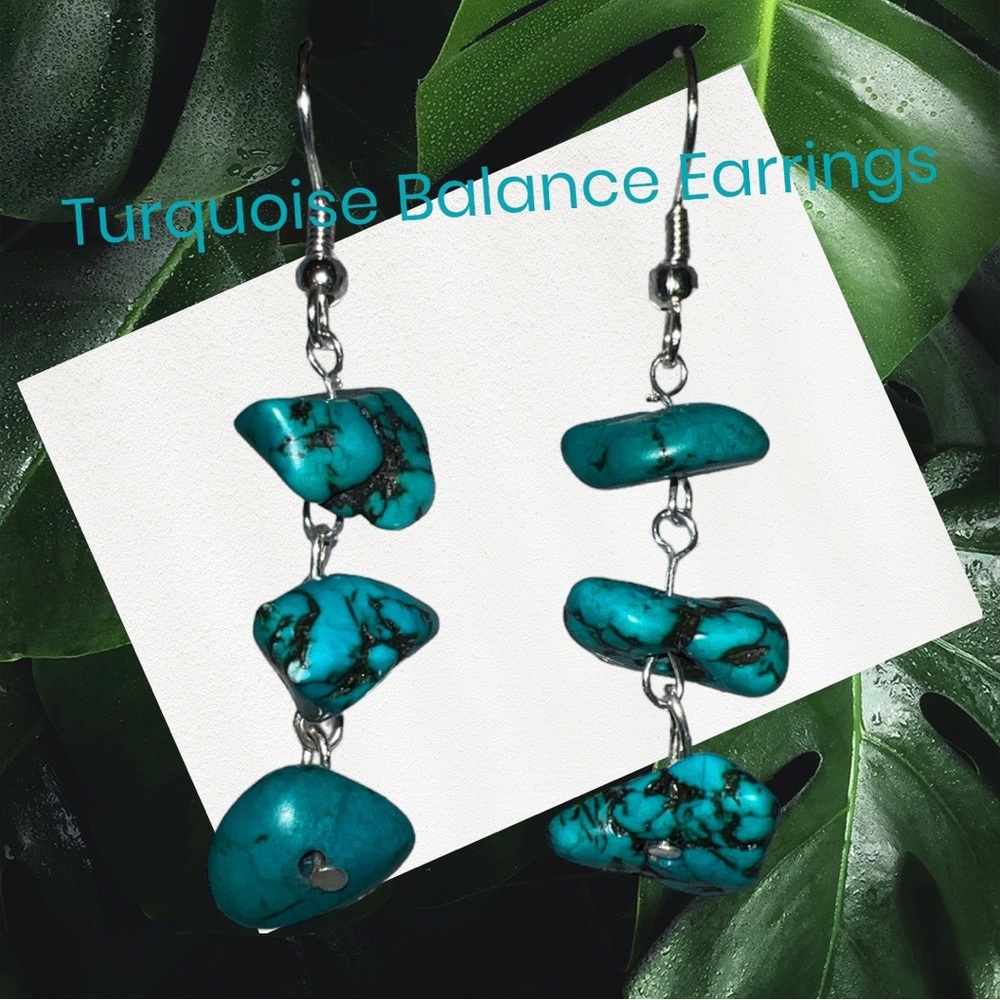Genuine Turquoise Stone 3 Tiered Drop Dangle Earrings.